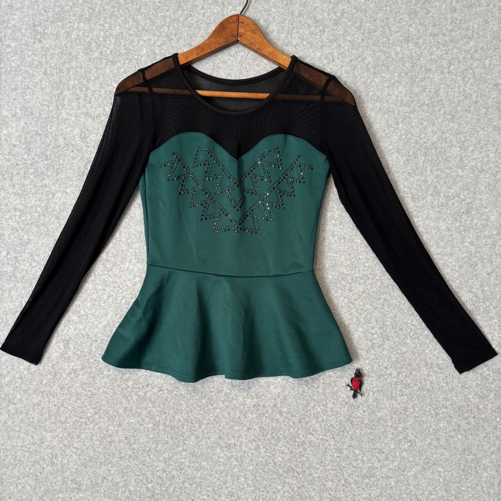 Charlotte Russe Women's Medium Top Green Black Mesh Rhinestone Peplum‎ Blouse